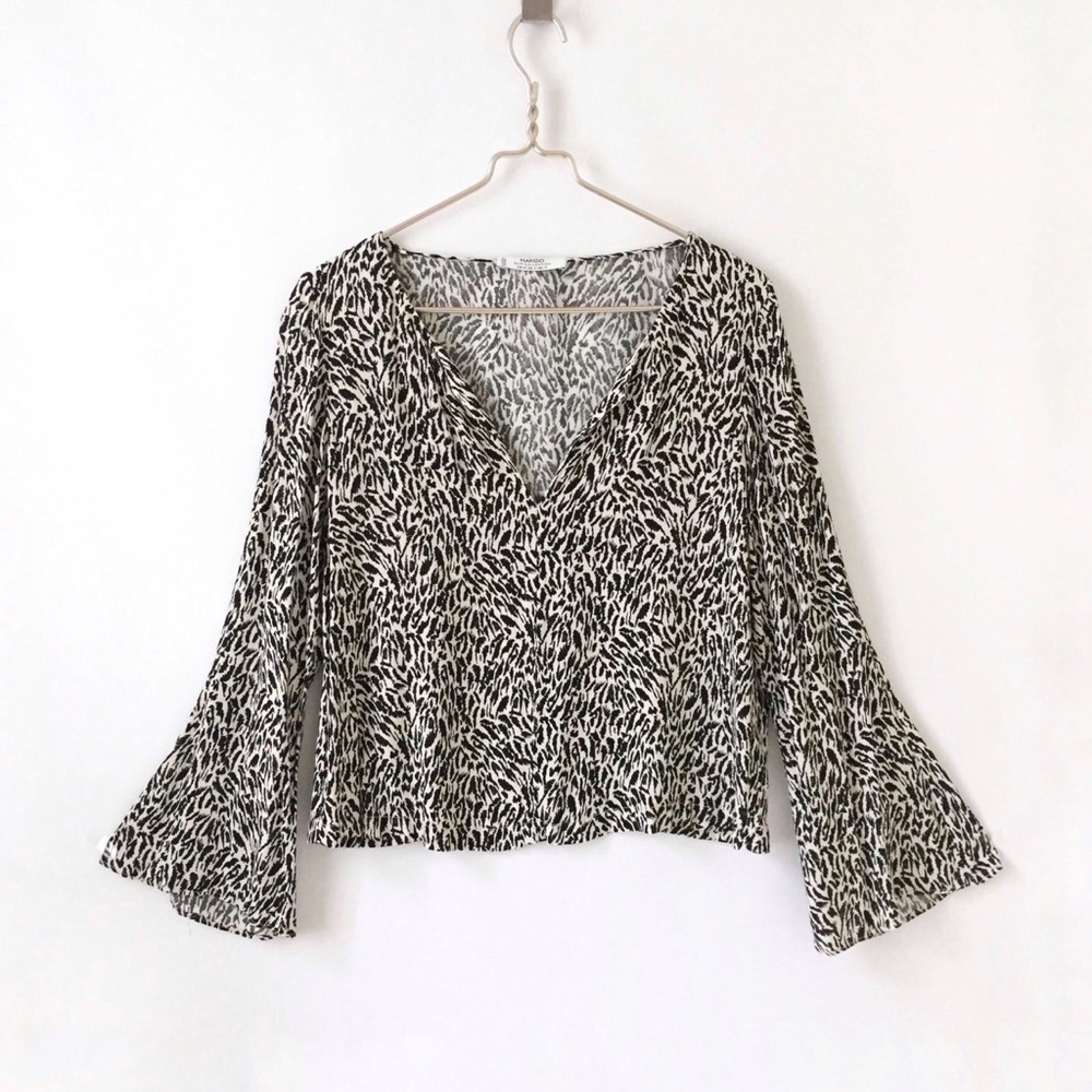 mango bell sleeve animal print v-neck blouse